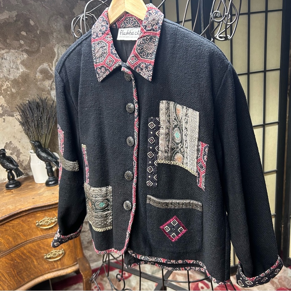 Flashback Cotton Patchwork Art Beaded Black Jacke… - image 4